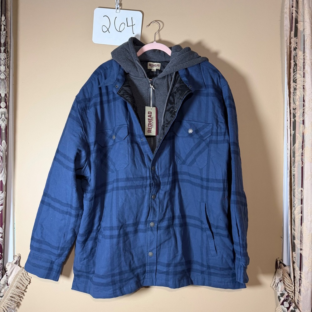 Redhead Mens 3XL Blue Plaid Hooded Flannel Shirt Jacket Quilted Lined NWT